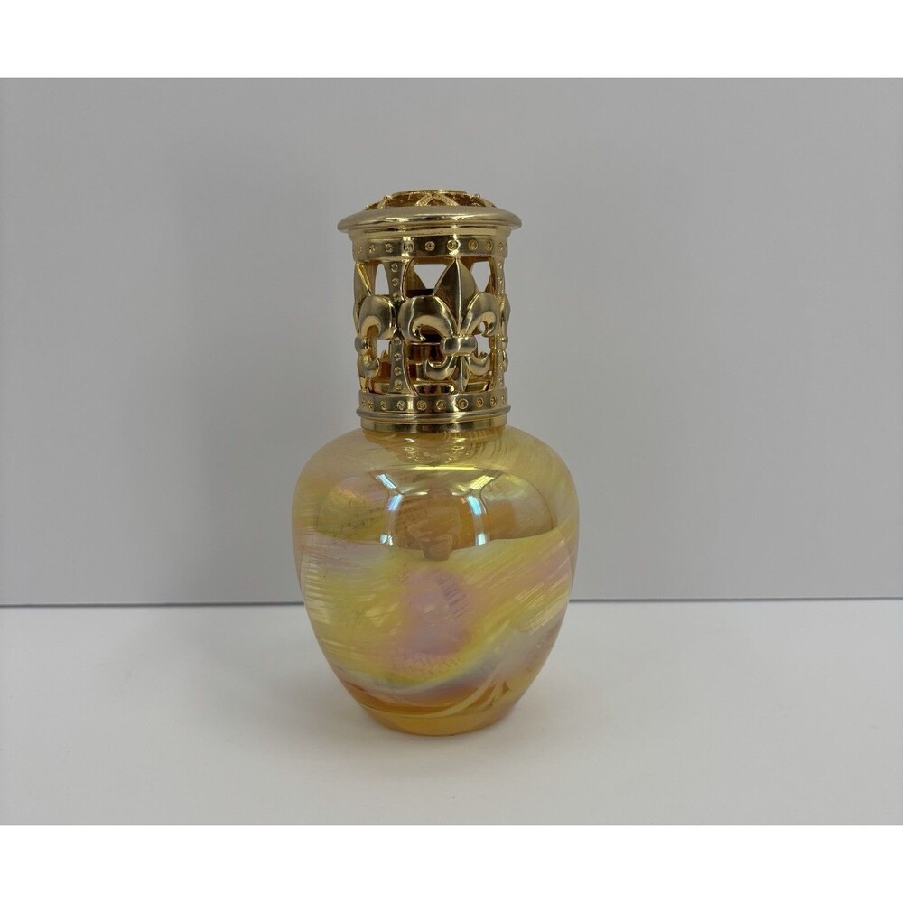 Fragrance Lamp With Diffuser Iridescent Gold With White Swirls Art Glass Base - Picture 3 of 14